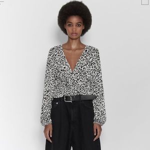 Zara Pleated Print Top V-Neck Long Sleeves